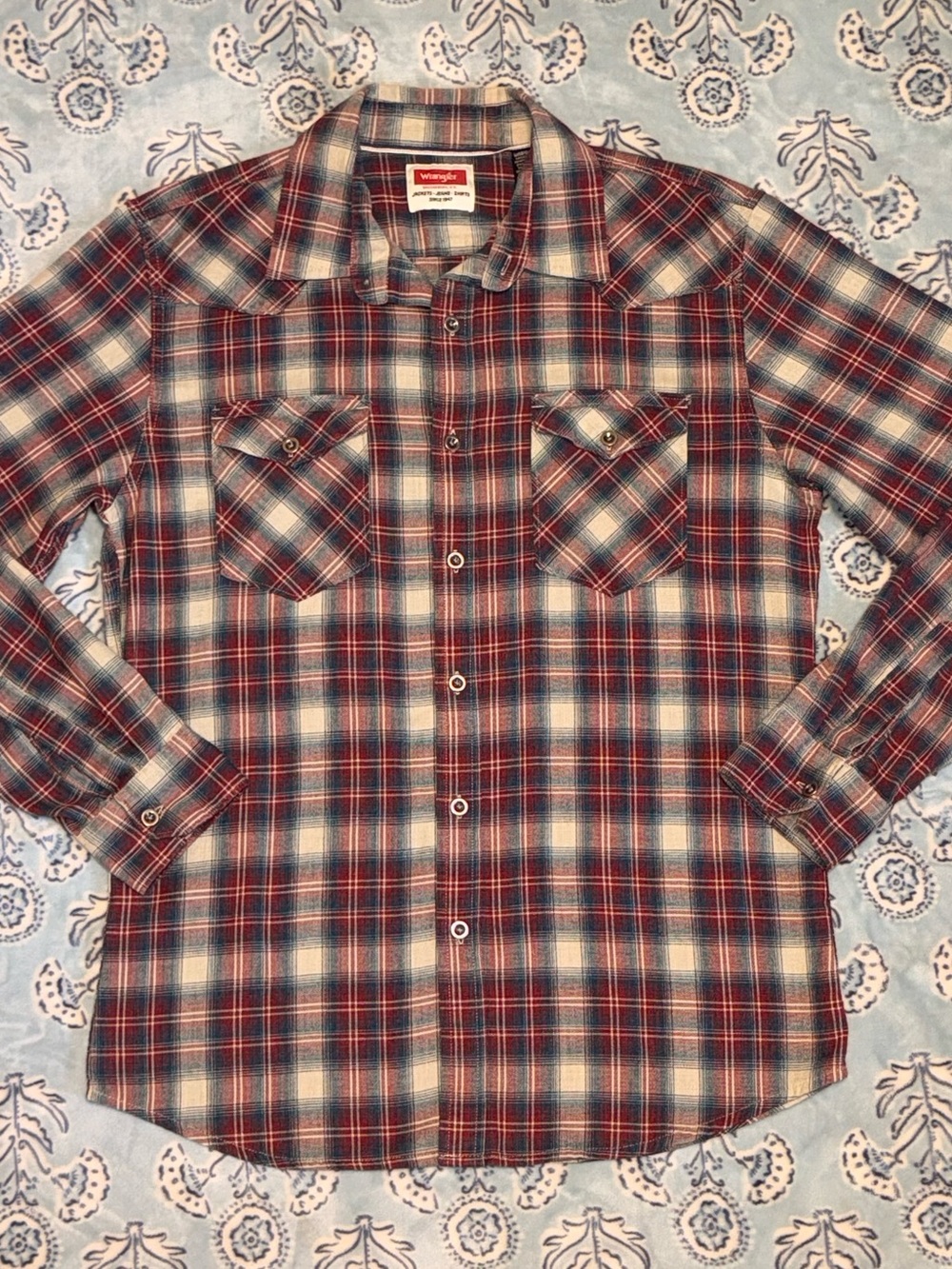 Wrangler Red, Blue & White Plaid Men's Button-Down Shirt